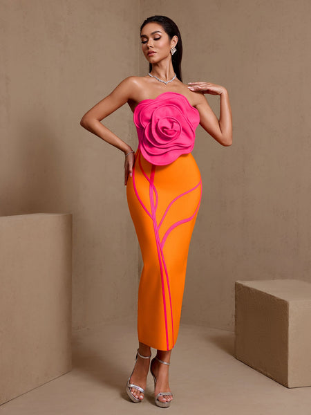 Huge Chest Flower Strapless Bandage Dress