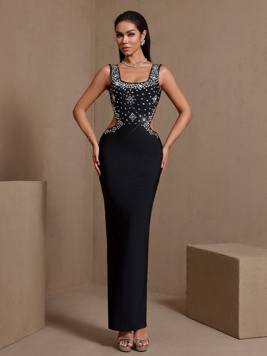 Maxikleid mit U-Boot-Ausschnitt und Strassbesatz
