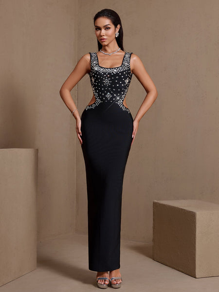 Maxikleid mit U-Boot-Ausschnitt und Strassbesatz