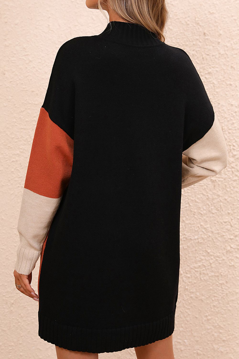 Sasha Rivière — Color Block Mock Neck Dropped Shoulder Sweater Dress, alternate view 2