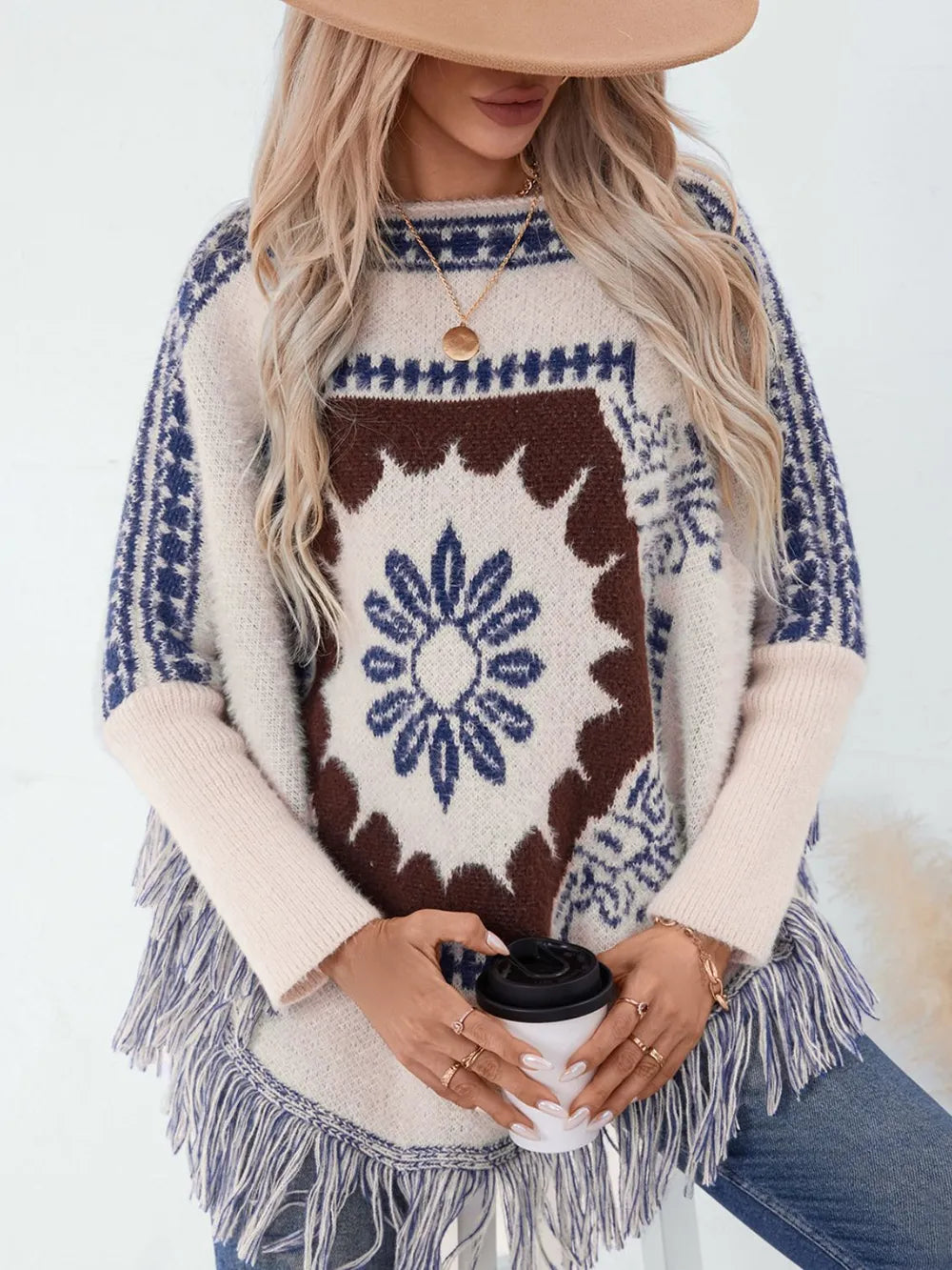 Wren Sorrento — Fringe Geometric Long Sleeve Poncho