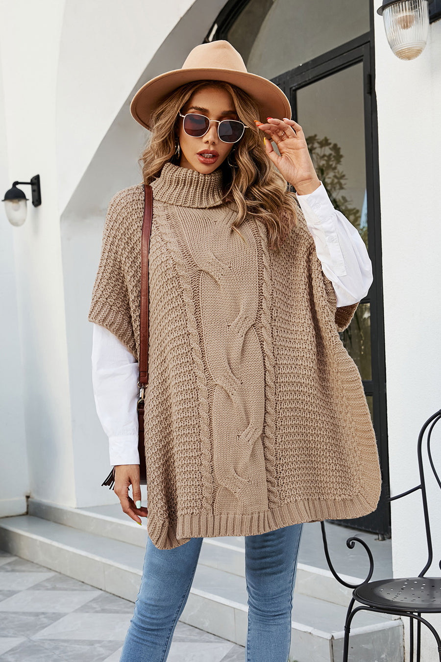Sol Fontaine — Cable-Knit Turtleneck Slit Sweater