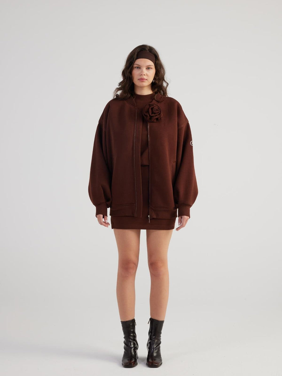 Alexa Brown Oversize Bomber Jacket with Removable Rose Accessory