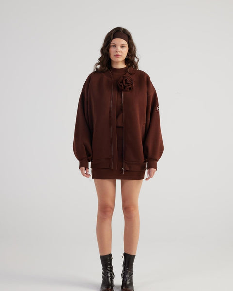 Alexa Brown Oversize Bomber Jacket with Removable Rose Accessory
