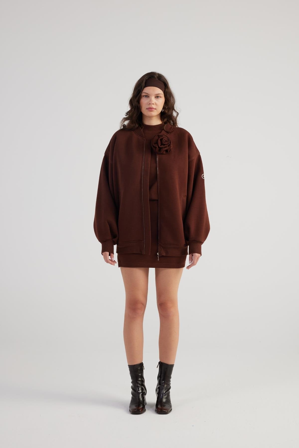 Alexa — Brown Oversize Bomber Jacket with Removable Rose Accessory