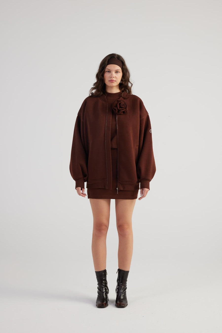 Alexa — Brown Oversize Bomber Jacket with Removable Rose Accessory
