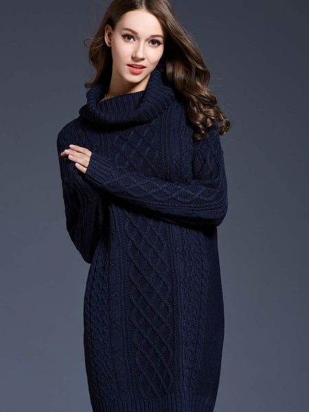 Woven Right Full Size Mixed Knit Cowl Neck Dropped Shoulder Sweater Dress