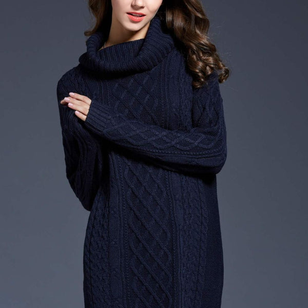 Woven Right Full Size Mixed Knit Cowl Neck Dropped Shoulder Sweater Dress