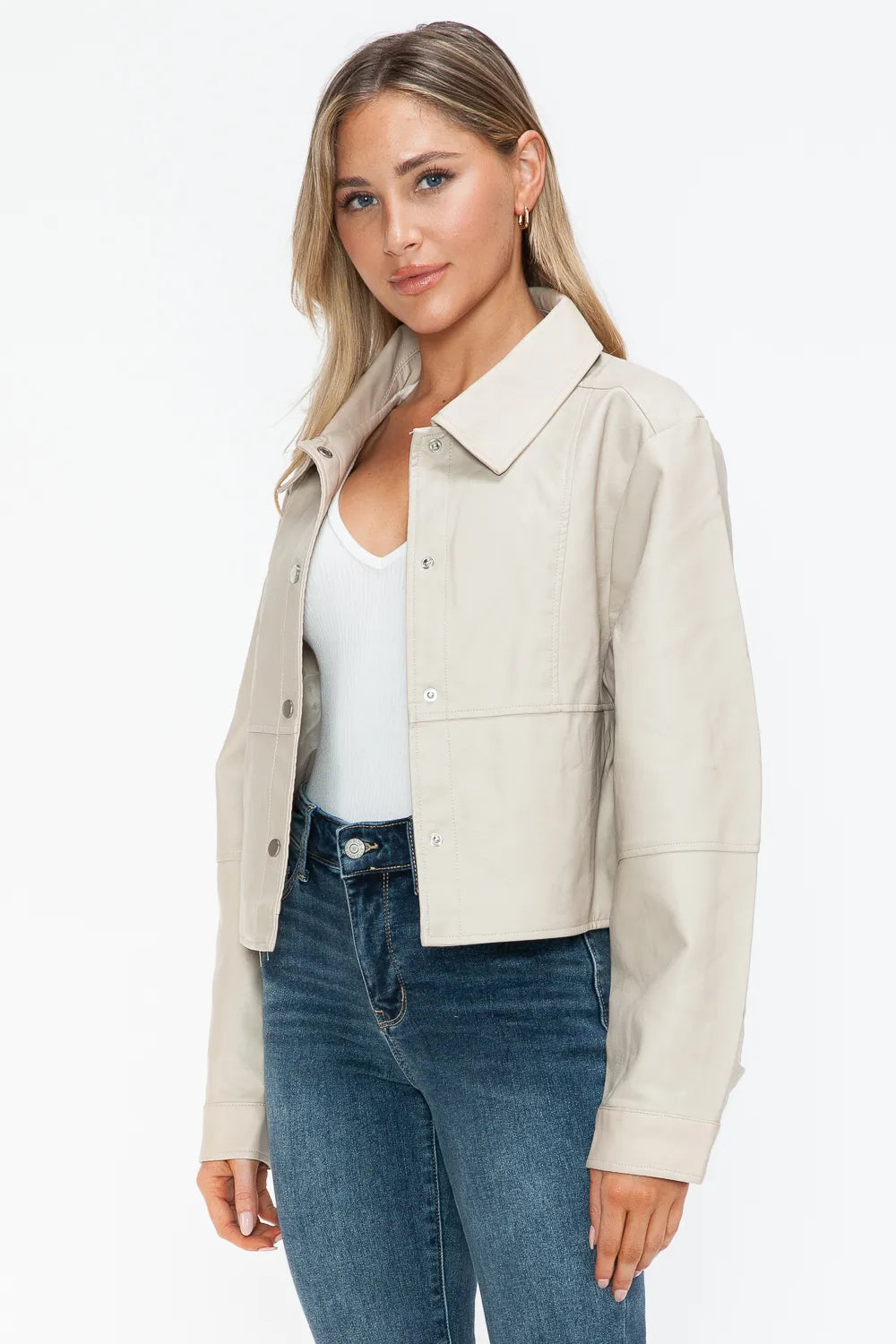 Ellis Rosetti — Snobbish Snap Down Long Sleeve PU Leather Jacket, alternate view 8