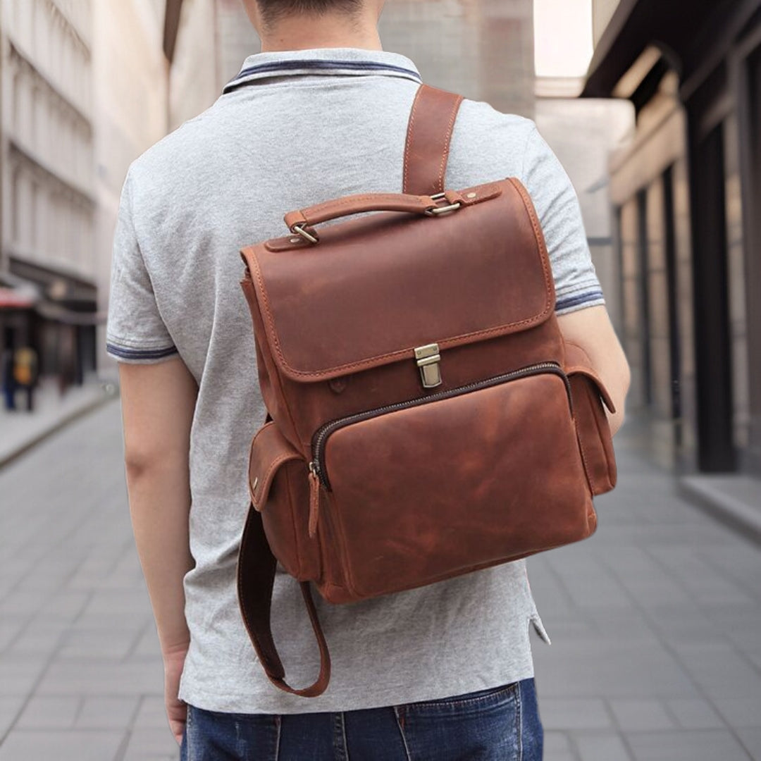 Billy™ — Fashionable Retro Leather Backpack Brown Men's Statement Handbag, alternate view 3