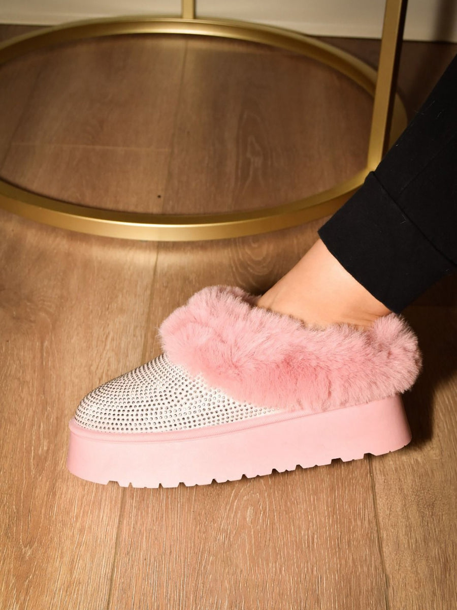 Jules Montclair — WILD DIVA Embellished Faux Fur Platform Booties Pink Fashion Footwear, alternate view 2