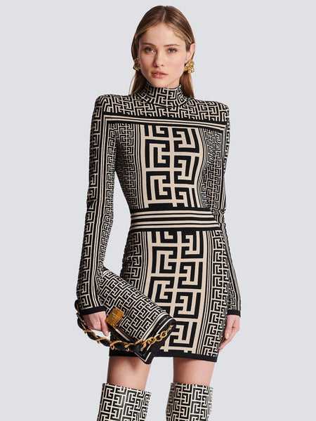 Fitted Dress with Turtleneck and Jacquard, Elegant Mini Design HT3048