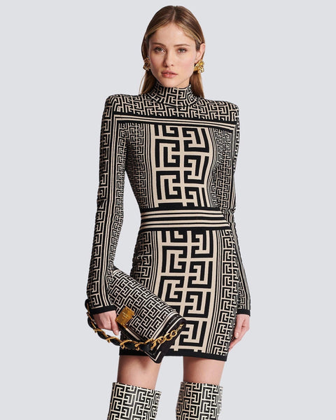 Fitted Dress with Turtleneck and Jacquard, Elegant Mini Design HT3048