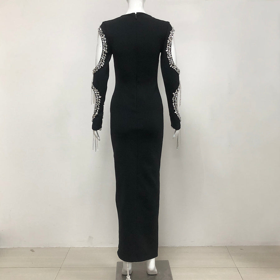 Bandage-Kleid mit Kristallen, Quasten und Cutouts an den Ärmeln