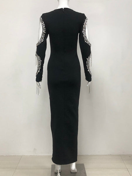 Bandage-Kleid mit Kristallen, Quasten und Cutouts an den Ärmeln