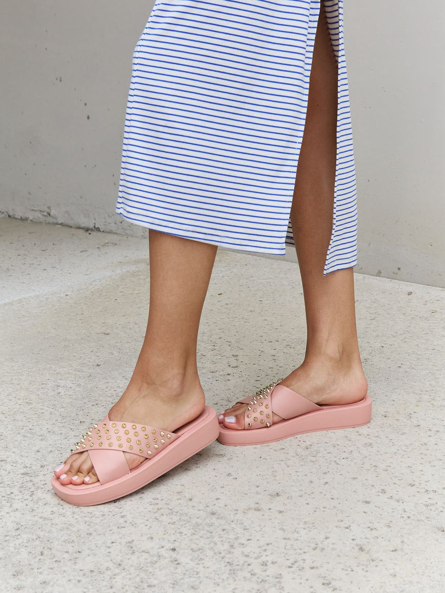 Forever Link Studded Cross Strap Sandals in Blush - Opulent Empire