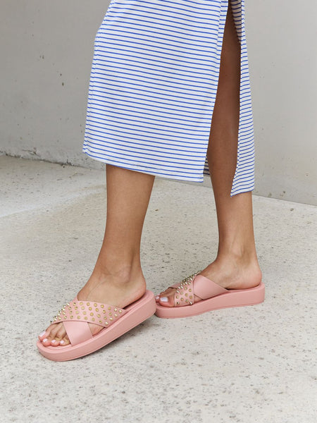 Forever Link Studded Cross Strap Sandals in Blush - Opulent Empire