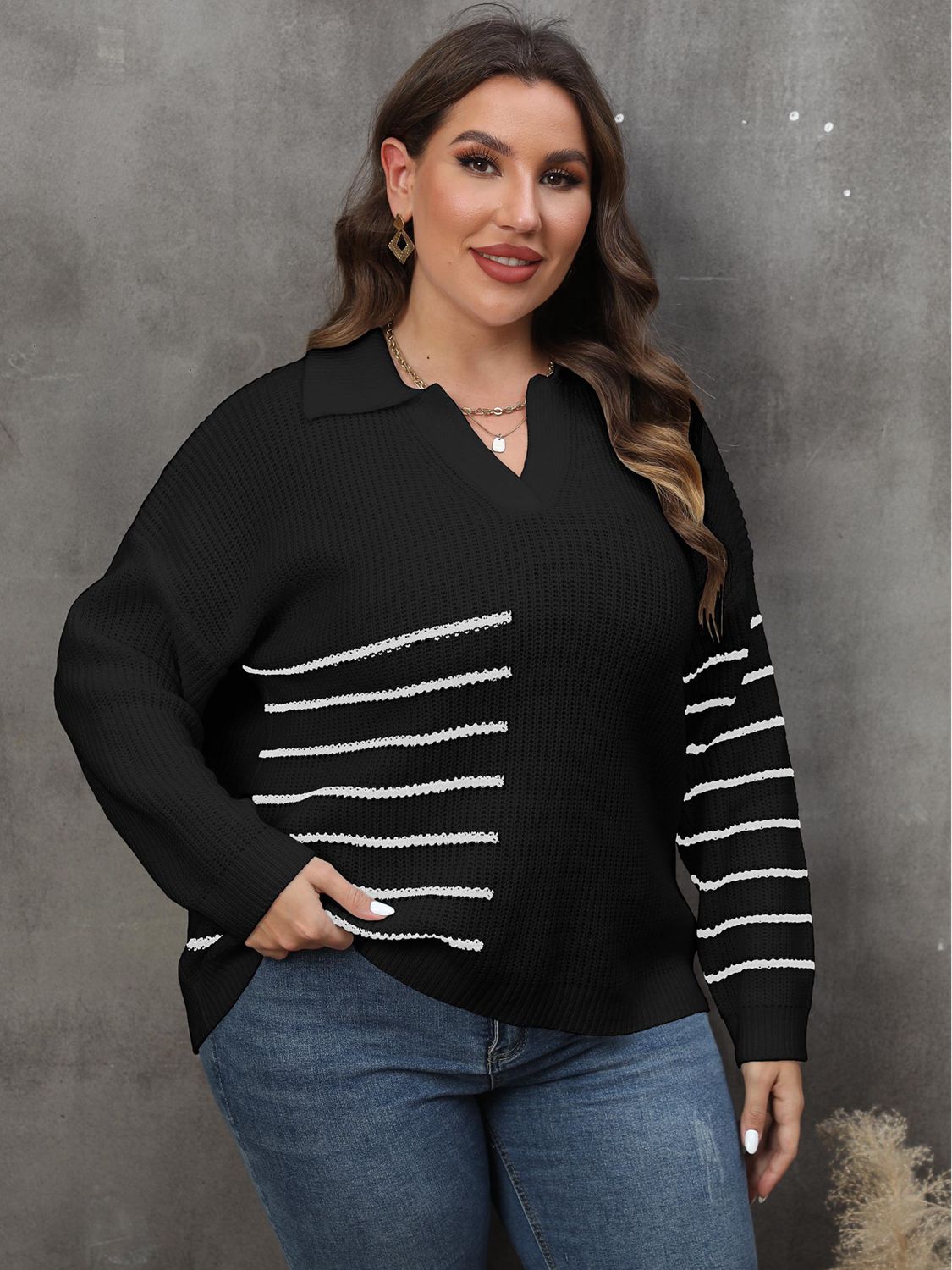 Quinn Moreau — Plus Size Striped V-Neck Sweater, alternate view 6