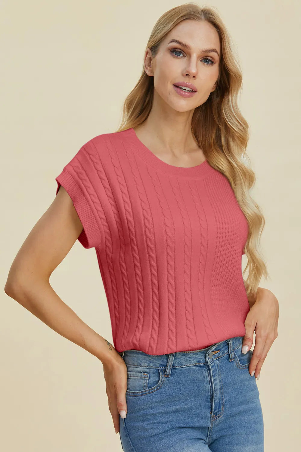 Quinn Fontaine — Double Take Full Size Cable-Knit Round Neck Short Sleeve Sweater, alternate view 14
