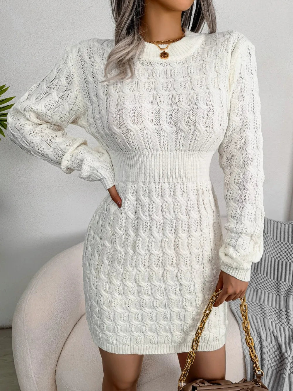 Sage Valmont — Cable-Knit Round Neck Mini Wrap Sweater Dress, alternate view 8