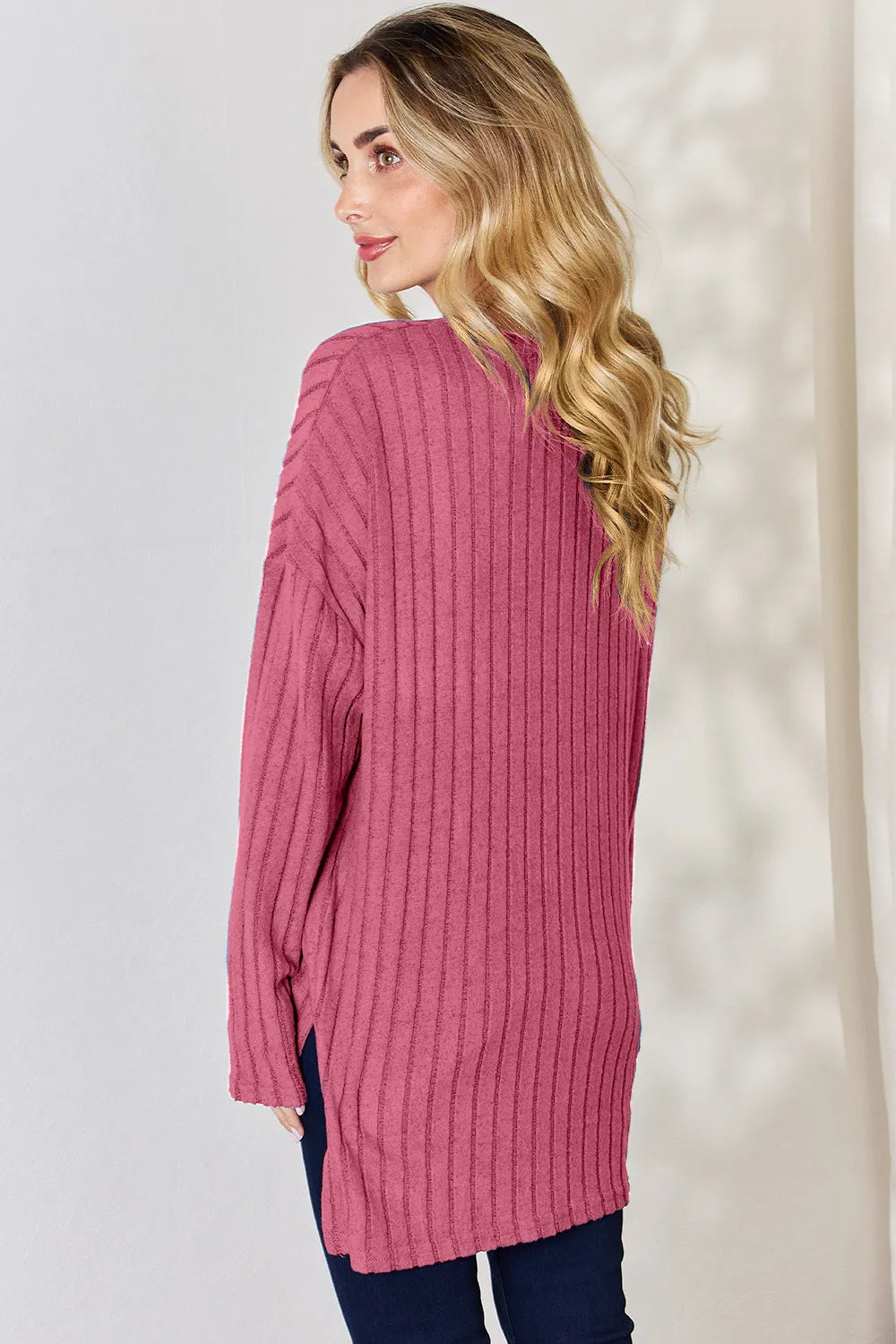Noa Rousseau — Basic Bae Full Size Ribbed Half Button Long Sleeve High-Low T-Shirt, alternate view 18