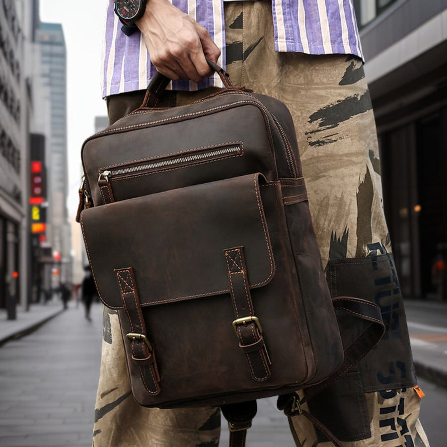 Timothy™ — Fashionable Trendy Leather Backpack Dark Brown Men's Statement Handbag, alternate view 2