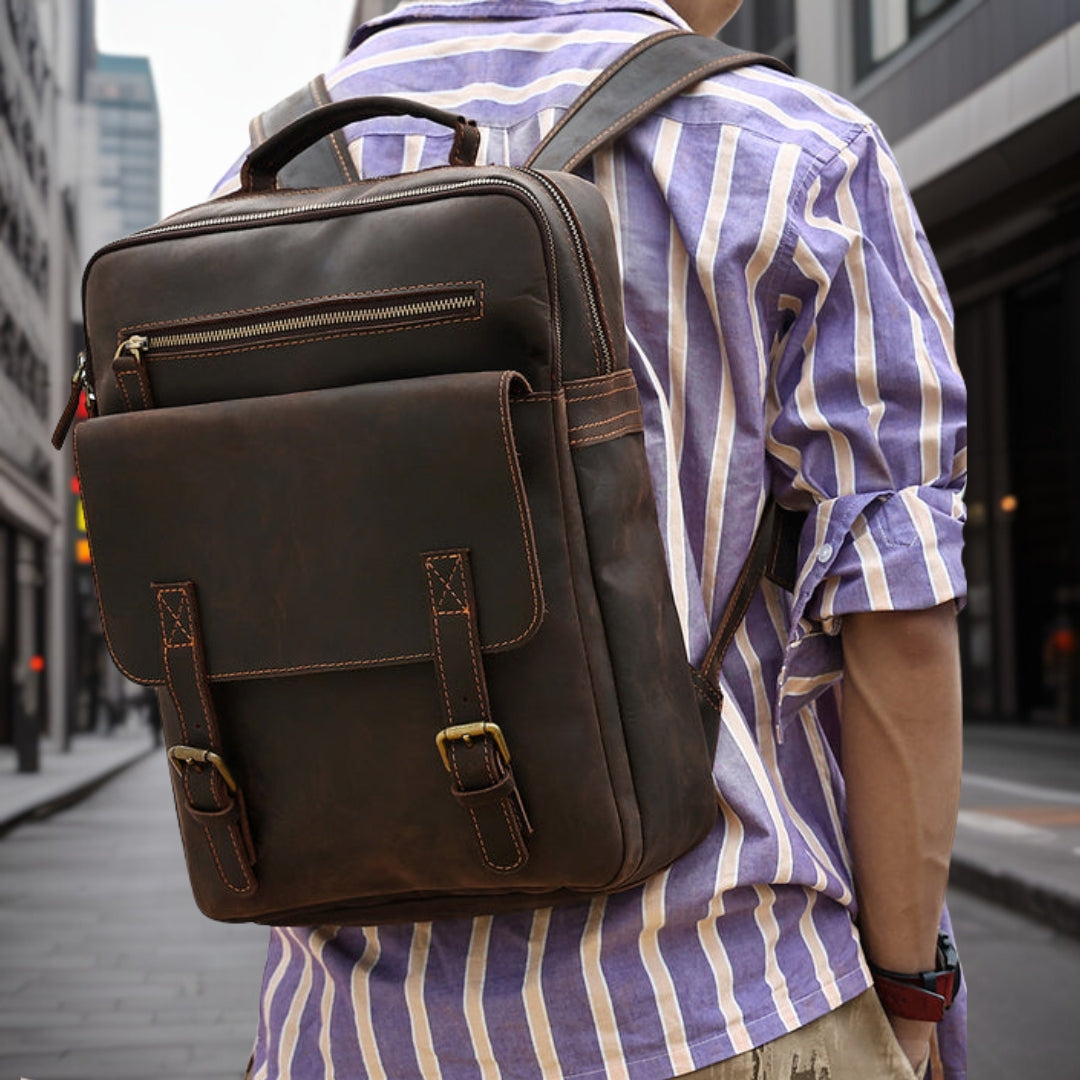 Timothy™ — Fashionable Trendy Leather Backpack Dark Brown Men's Statement Handbag, alternate view 4