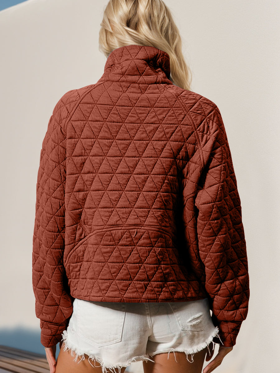 Double Take Half Zip Long Sleeve Quilted Sweatshirt with Pocket