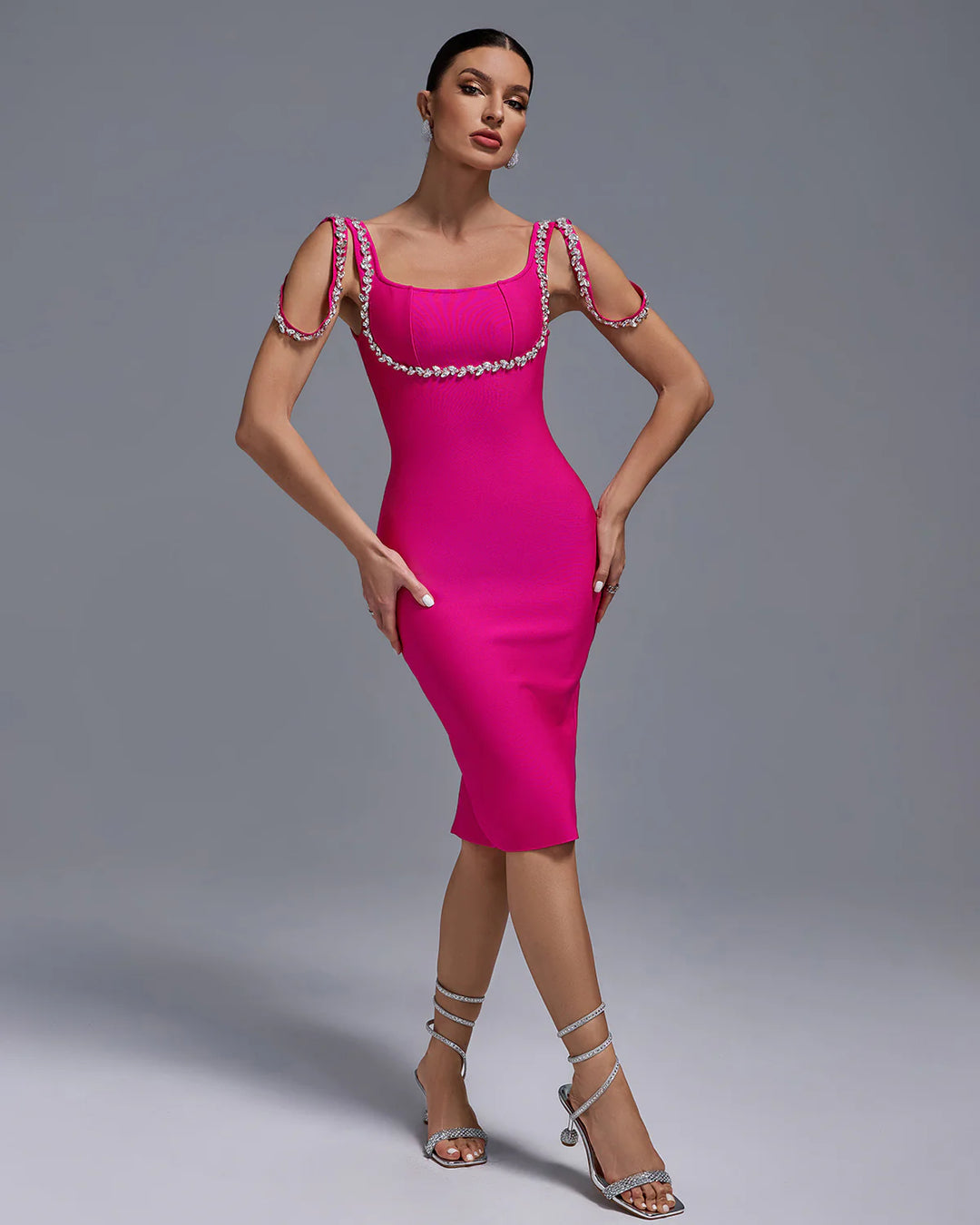 Strappy Sleeveless Rhinestone Over Knee Bandage Dress