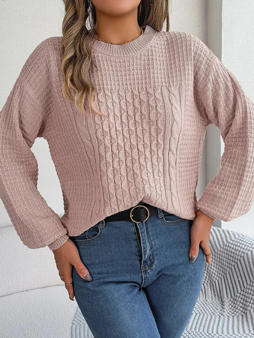 Sage Delacroix — Cable-Knit Round Neck Long Sleeve Sweater, alternate view 3