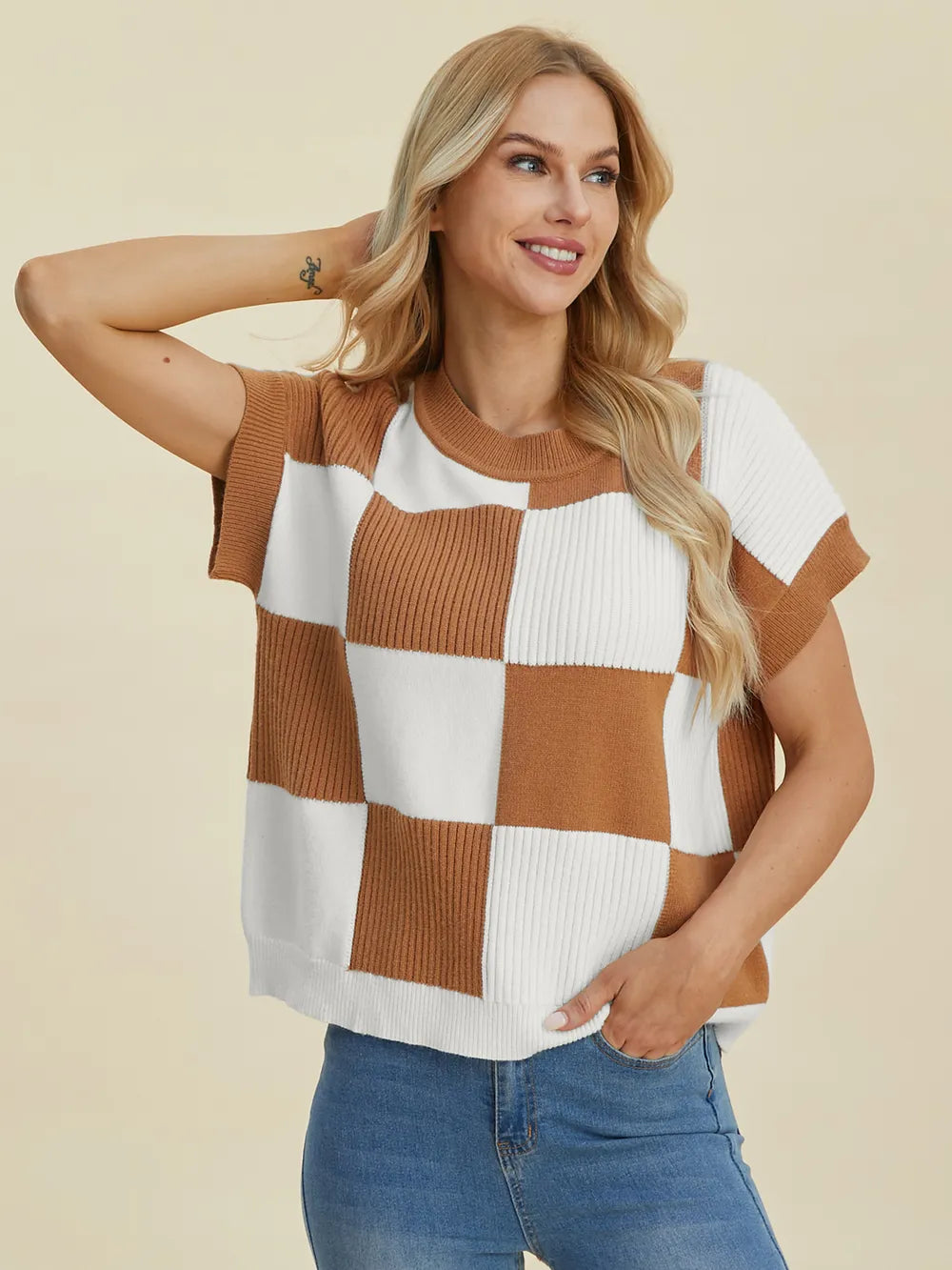 Cove Delacroix — Double Take Full Size Checkered Round Neck Short Sleeve Sweater, alternate view 14