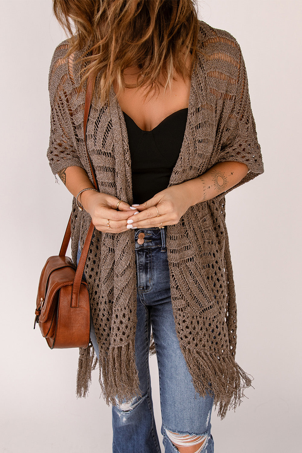Indigo Versailles — Fringe Hem Slit Open Front Cardigan, alternate view 8
