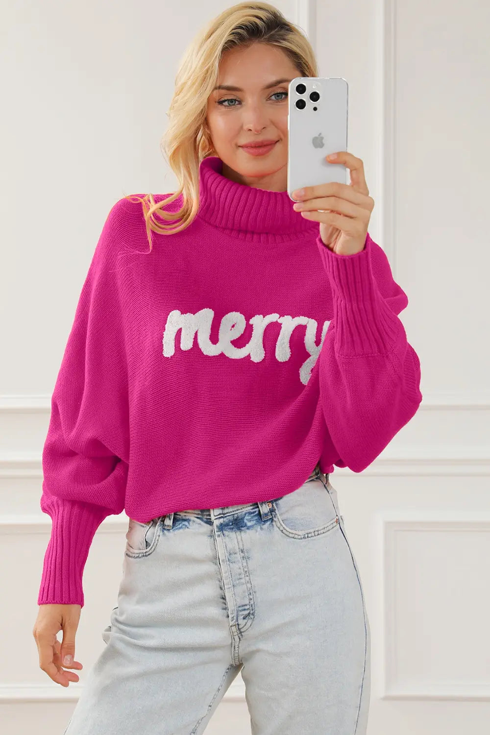 Reese Fontaine — Merry Letter Embroidered High Neck Sweater, alternate view 2