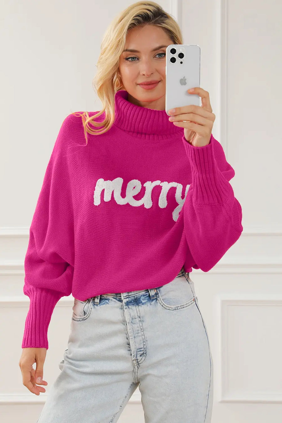 Reese Fontaine — Merry Letter Embroidered High Neck Sweater, alternate view 2