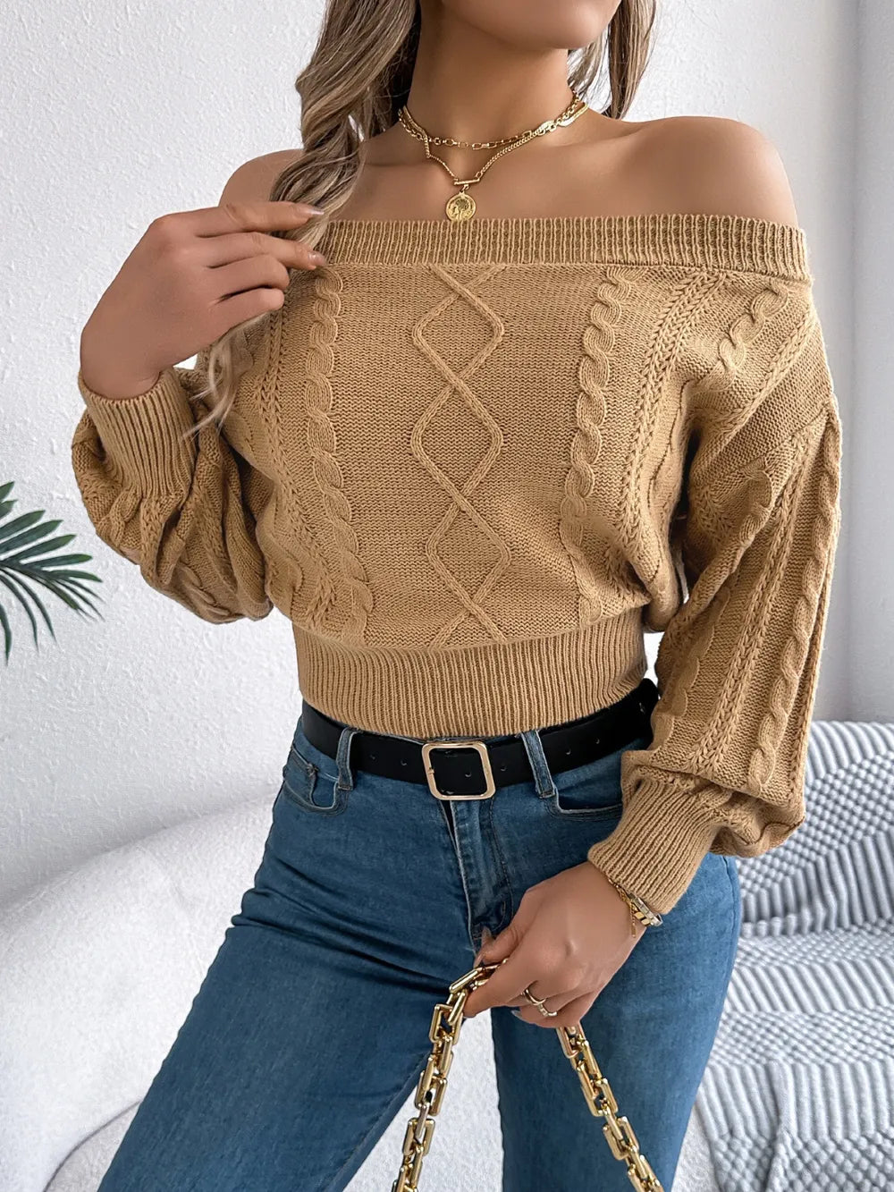 Perrin Fontaine — Cable Knit Off-Shoulder Long Sleeve Sweater, alternate view 3