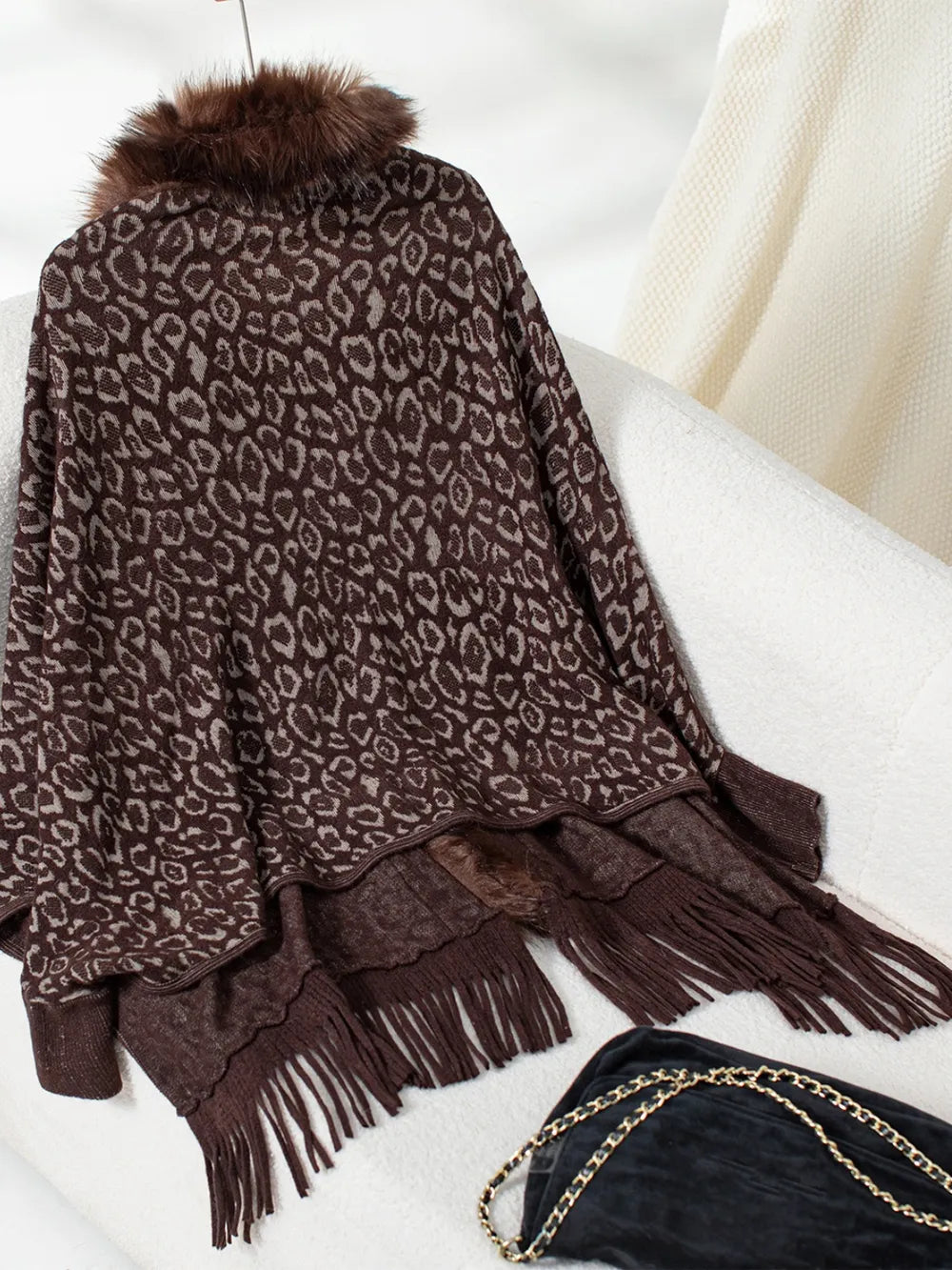 Rain Sorrento — Fringe Leopard Open Front Long Sleeve Poncho, alternate view 6