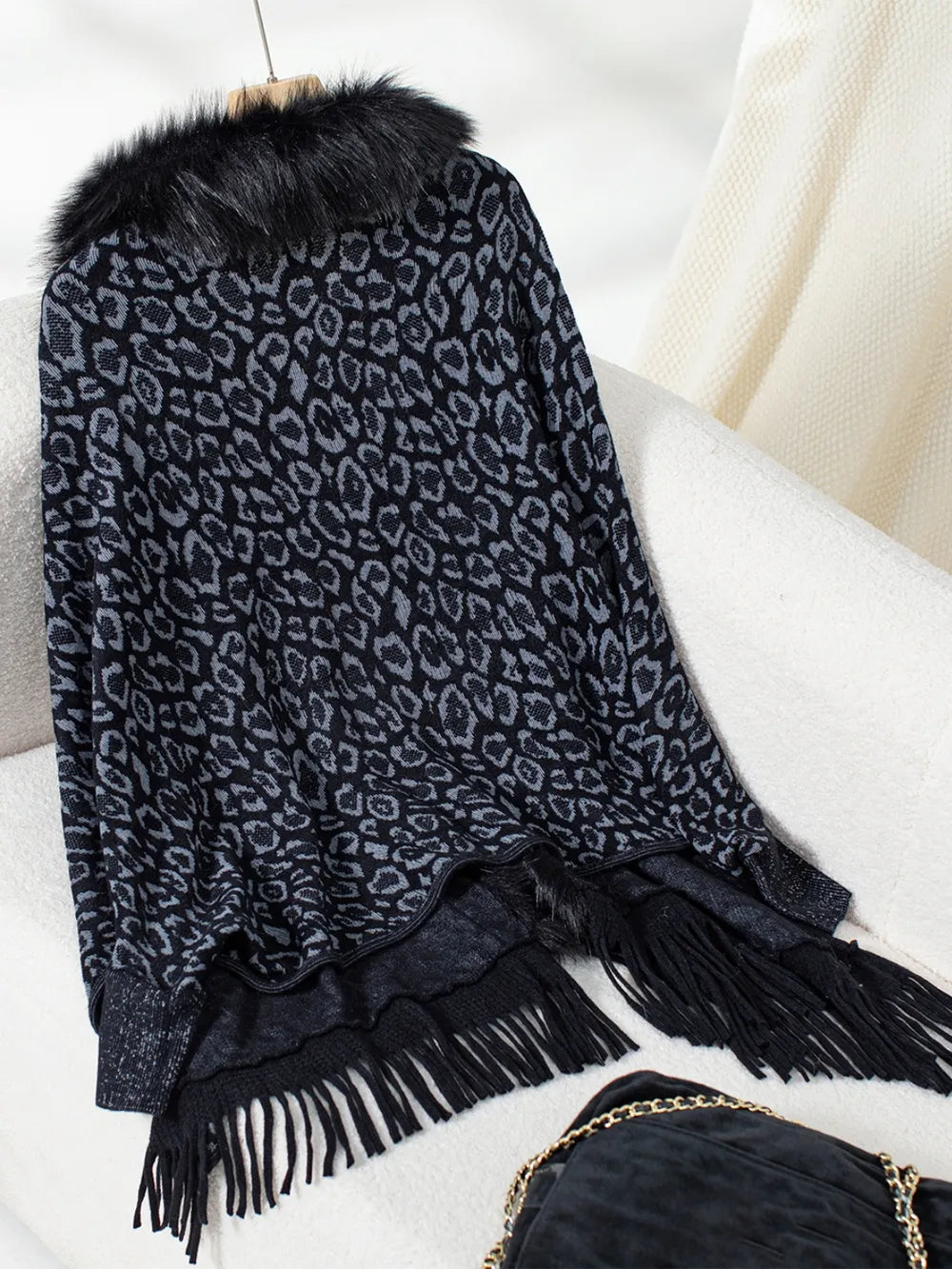 Rain Sorrento — Fringe Leopard Open Front Long Sleeve Poncho, alternate view 18