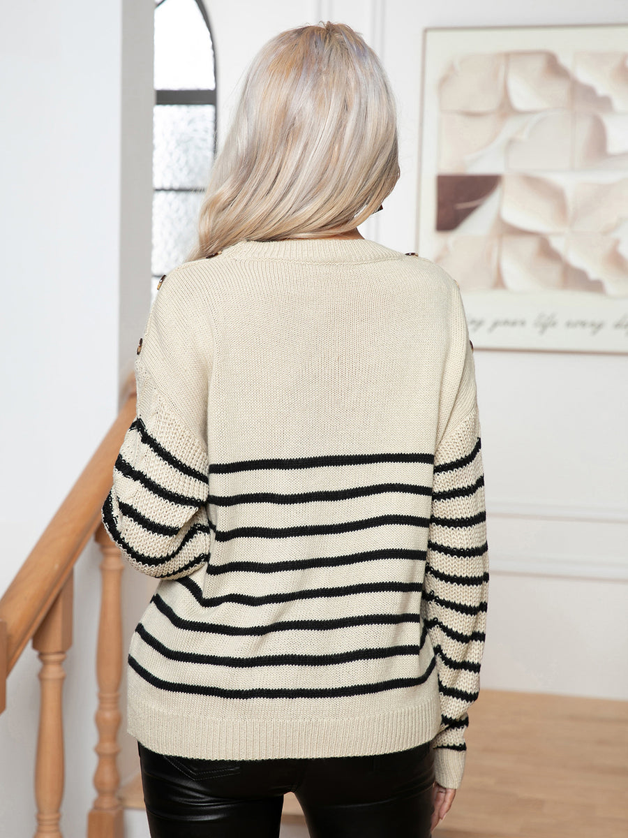 Indigo Bellamy — Striped Round Neck Cable-Knit Sweater, alternate view 2