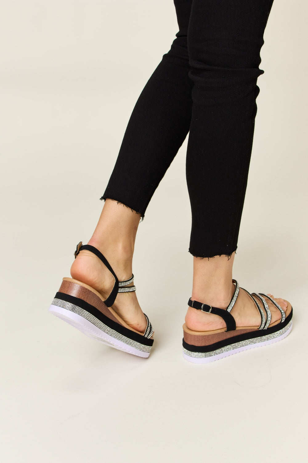Ciel Laurent — Forever Link Rhinestone Strappy Wedge Sandals Black Fashion Footwear, alternate view 3