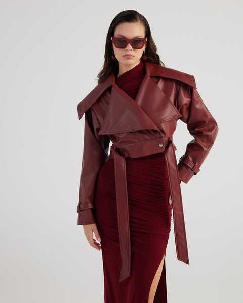 Neeko Burgundy Faux Leather Cropped Jacket-0