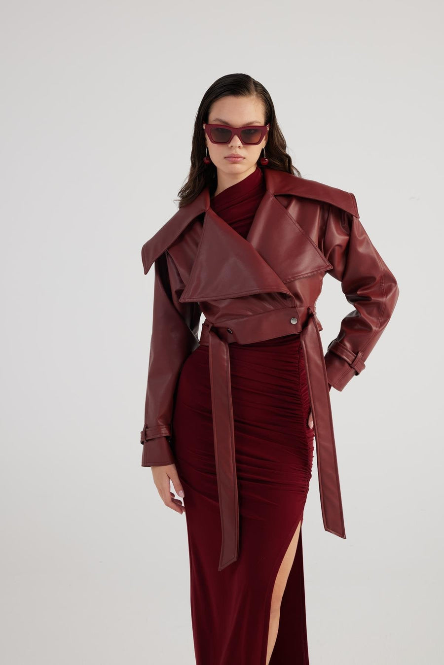 Neeko — Burgundy Faux Leather Cropped Jacket