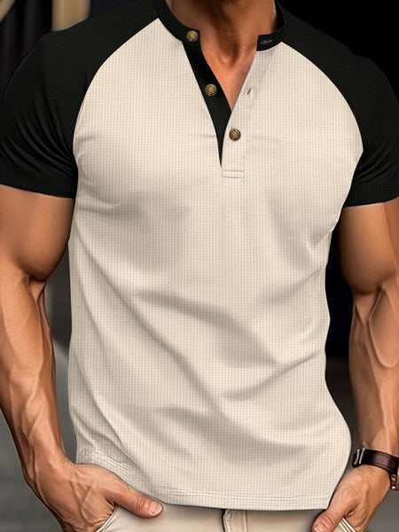 Men's Full Size Waffle-Knit Round Neck Contrast Polo Plus Size - Opulent Empire