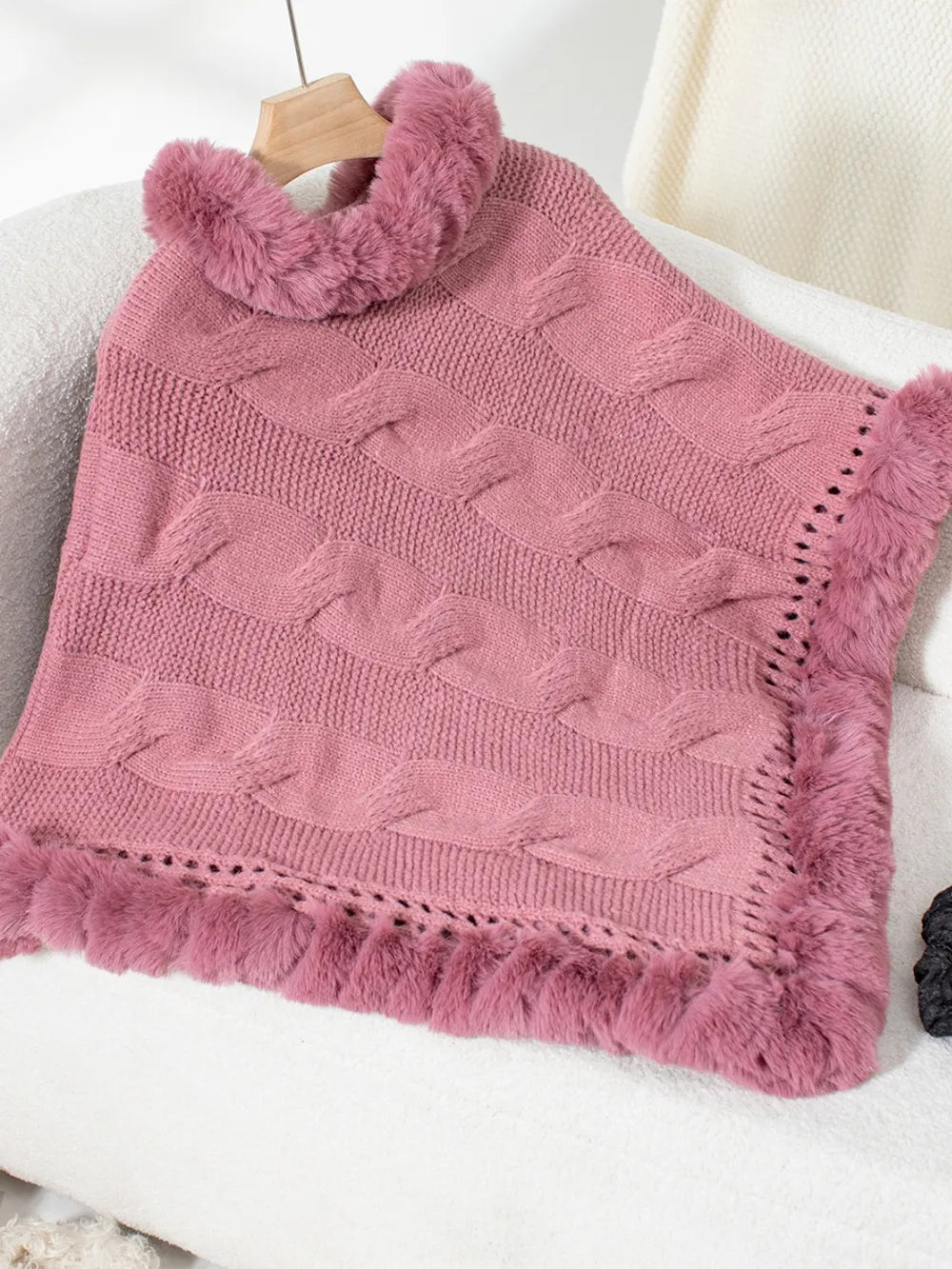 Cove Versailles — Fuzzy Hem Cable-Knit Poncho, alternate view 11