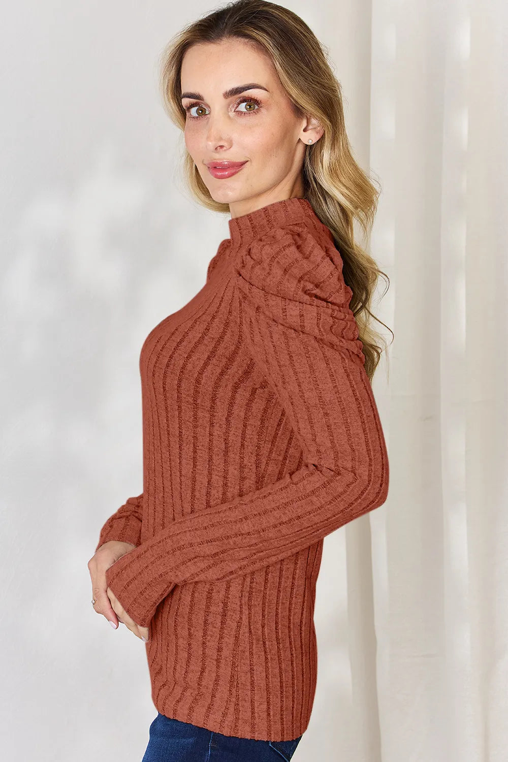Ciel Delacroix — Basic Bae Full Size Ribbed Mock Neck Puff Sleeve T-Shirt, alternate view 3
