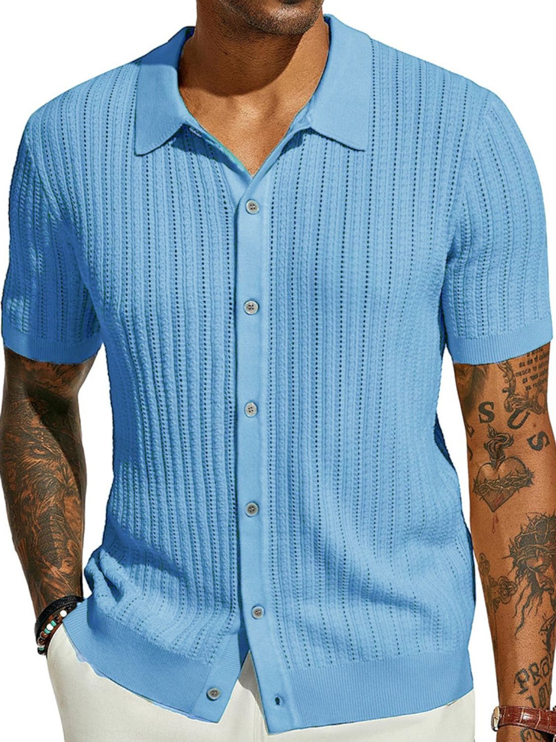 Yves — Men's Full Size Openwork Button Down Collared Neck Shirt Plus Size, alternate view 4