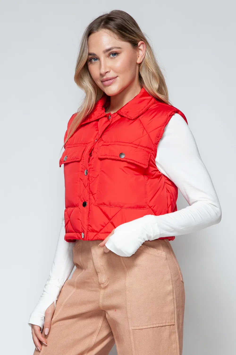 Cove Rosetti — Snobbish Snap Down Quilted Crop Vest Red Coat or Jacket, alternate view 4