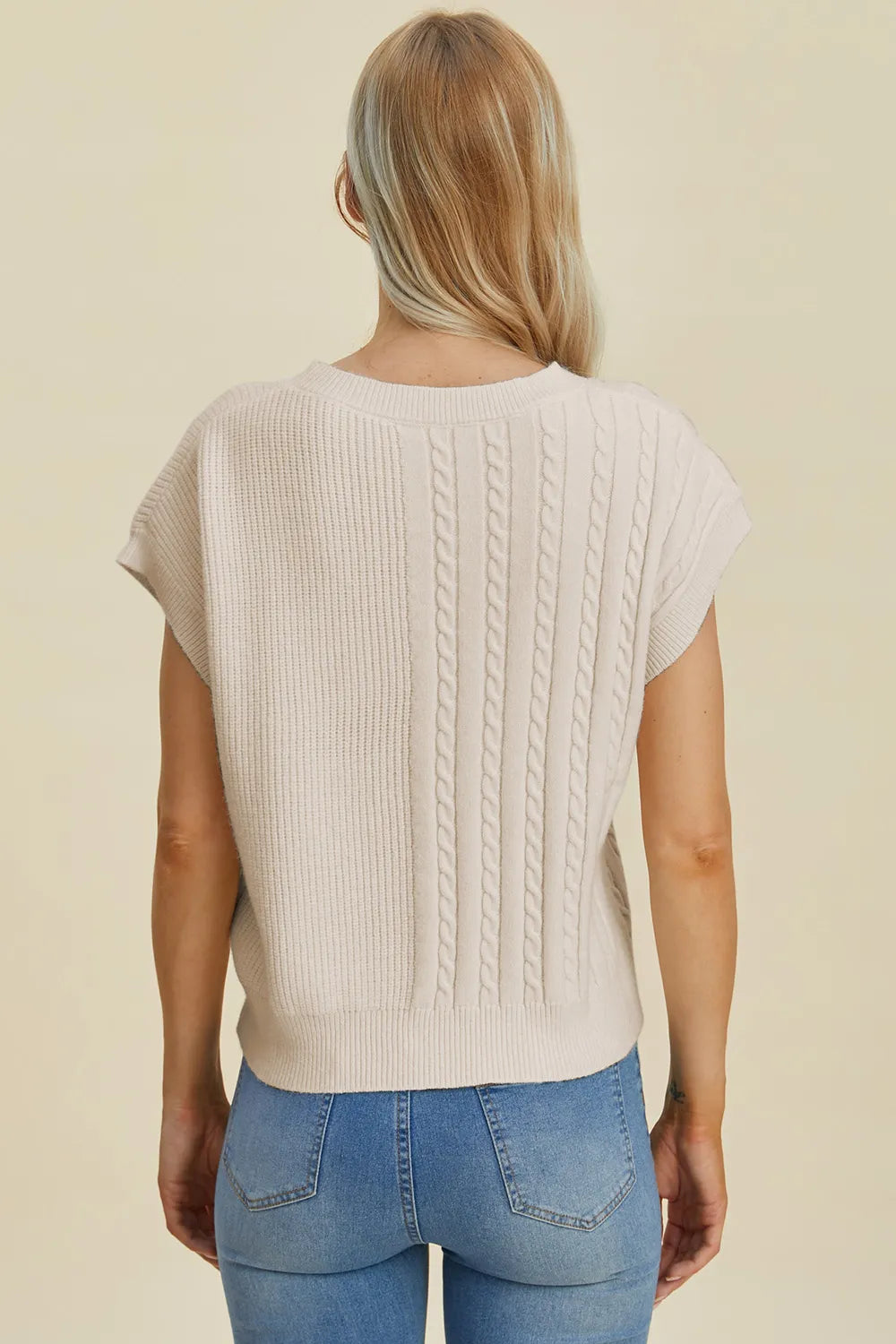 Quinn Fontaine — Double Take Full Size Cable-Knit Round Neck Short Sleeve Sweater, alternate view 2