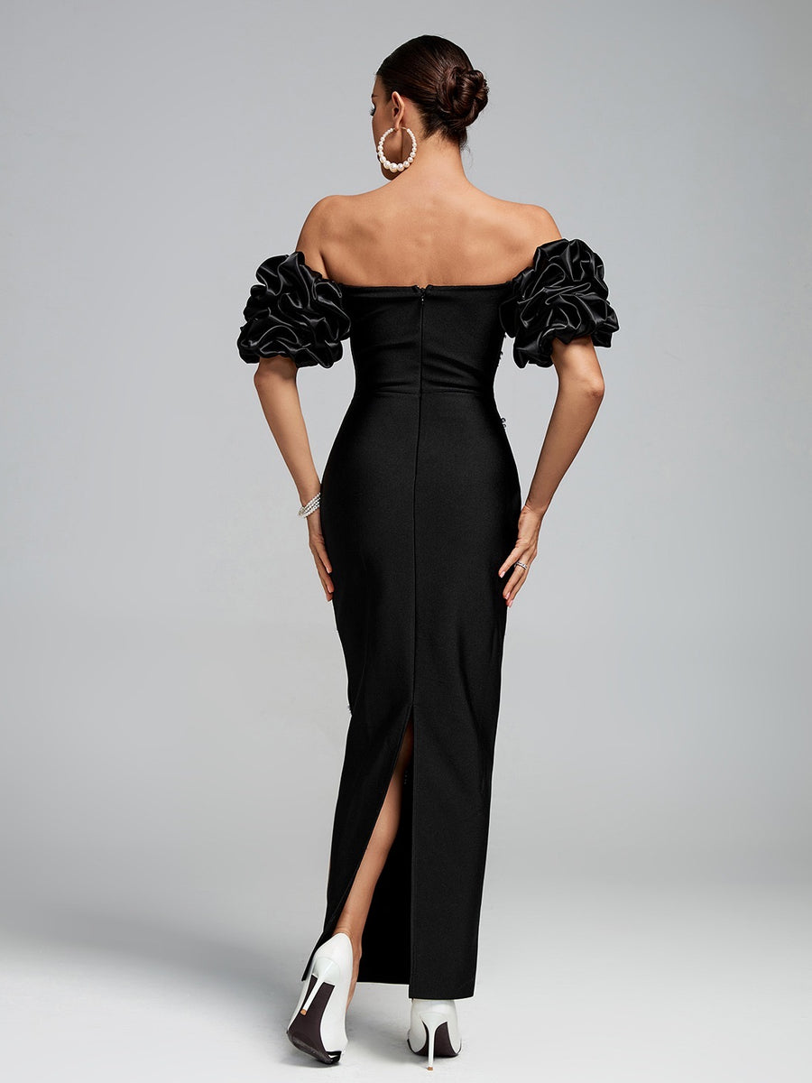 Off Shoulder Pearl Embellished Bandage Maxi Dress