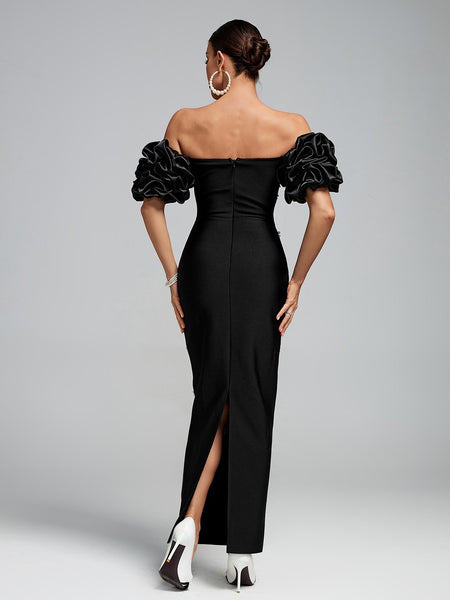 Off Shoulder Pearl Embellished Bandage Maxi Dress