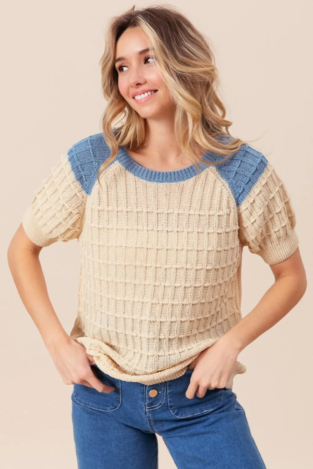 Sasha Delacroix — BiBi Textured Contrast Short Sleeve Sweater